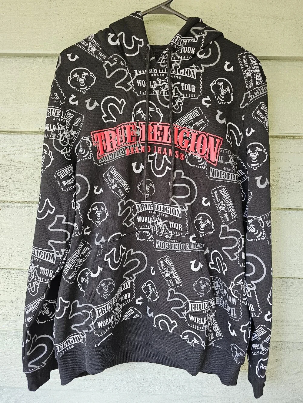 True Religion Men's L Buddha & World Tour Ticket Allover Print Hooded Pullover